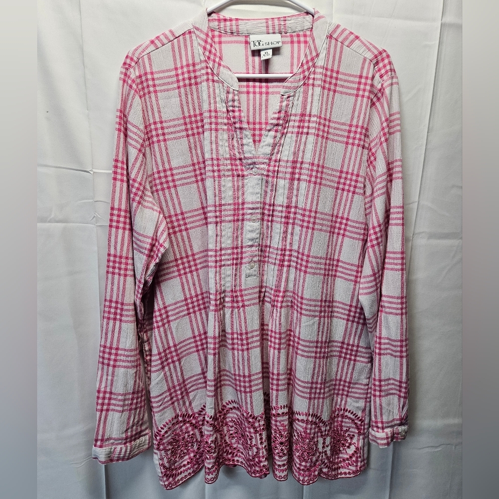 The Tog Shop Pink Plaid Embroidered-Hem Long Sleeve Tunic Top Sz XL